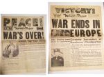 1945年5月7日新聞「ヨーロッパ戦線終結」+ ページ欠品新聞45年8月「日本降伏」